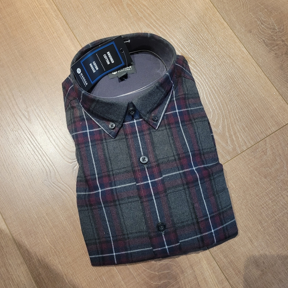 Haggar Charcoal and Burgundy Plaid Shirt